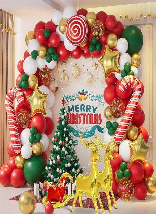 HIPIHOM Christmas Balloon Garland Arch Kit with 138 Pcs Red Green Sequin Balloons with Candy Cane Balloons Gold Star Moose Sleigh Balloon for Kids Xmas Birthday New Year Decorations (Red) - Image 1